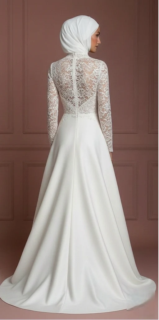Ivory Lace Long Sleeve Hijab Wedding Dress – Modest & Timeless Muslim - Image 3