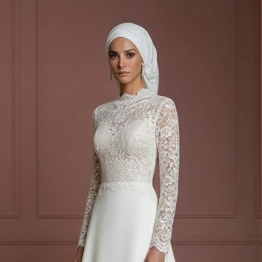 Ivory Lace Long Sleeve Hijab Wedding Dress – Modest & Timeless Muslim - Image 4