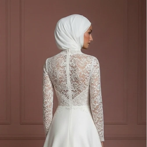 Ivory Lace Long Sleeve Hijab Wedding Dress – Modest & Timeless Muslim - Image 5