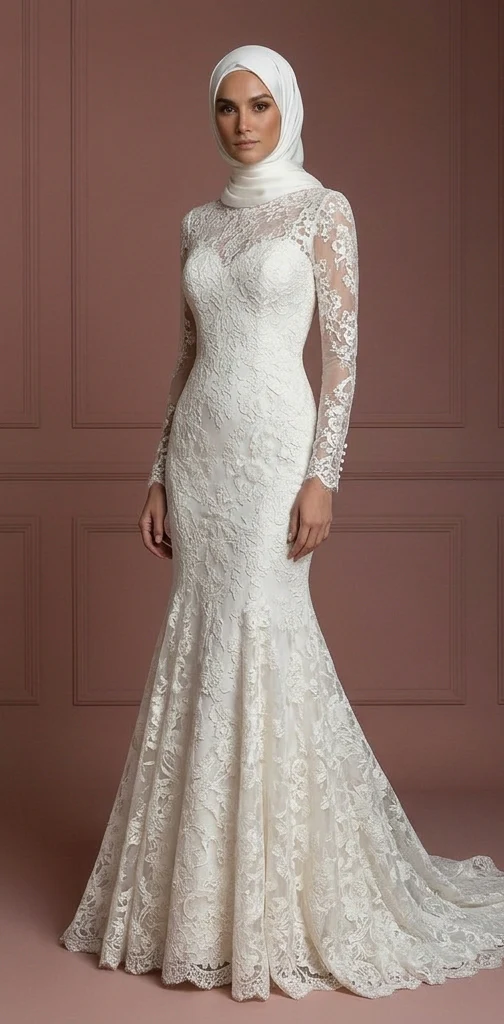 Ivory Lace Mermaid Hijab Wedding Dress – Elegant Modest Style Muslim - Image 2