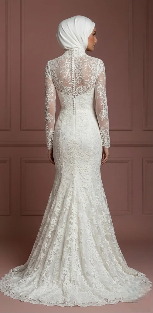Ivory Lace Mermaid Hijab Wedding Dress – Elegant Modest Style Muslim - Image 3