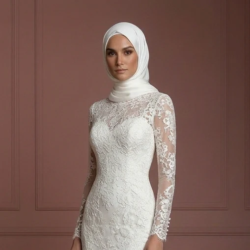 Ivory Lace Mermaid Hijab Wedding Dress – Elegant Modest Style Muslim - Image 4