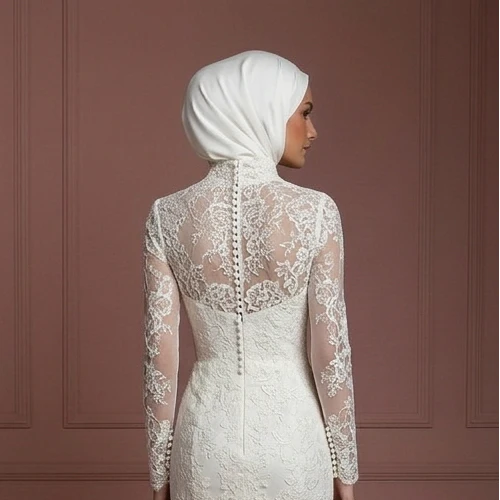 Ivory Lace Mermaid Hijab Wedding Dress – Elegant Modest Style Muslim - Image 5