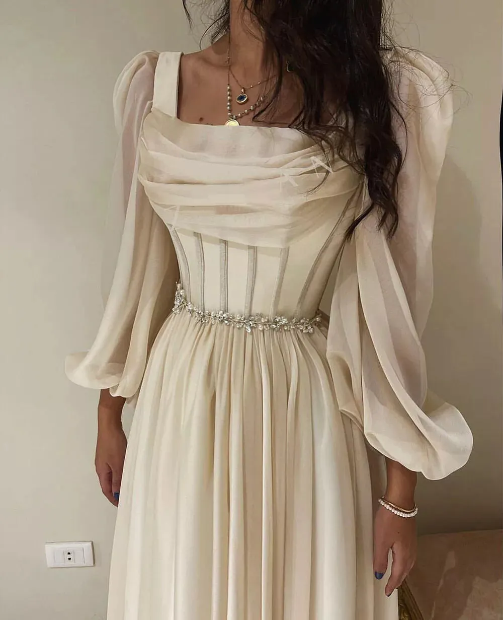 Ivory Long Sleeve Chiffon Short Prom Dresses Pleats Fitted Bones Beaded Formal Party Women Gowns Dubai Evening Dress - Image 4