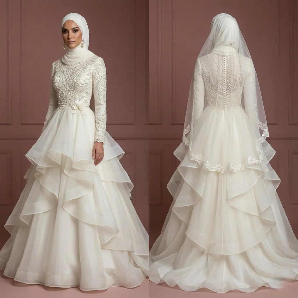 Ivory Organza Layered Wedding Dress with Hijab – Ideal for Nikah Ceremony Muslim