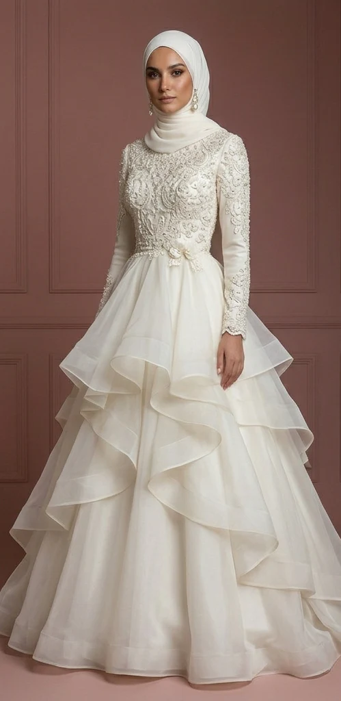 Ivory Organza Layered Wedding Dress with Hijab – Ideal for Nikah Ceremony Muslim - Image 2