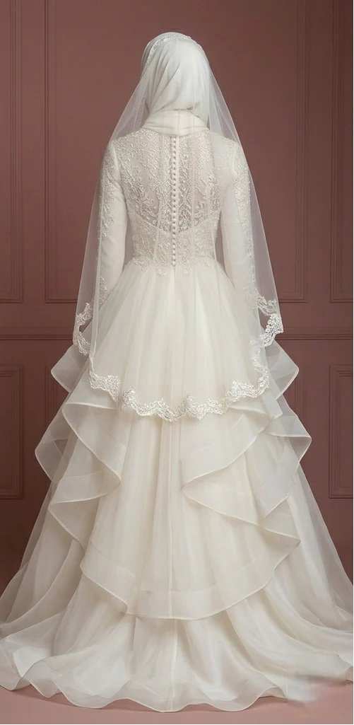 Ivory Organza Layered Wedding Dress with Hijab – Ideal for Nikah Ceremony Muslim - Image 3