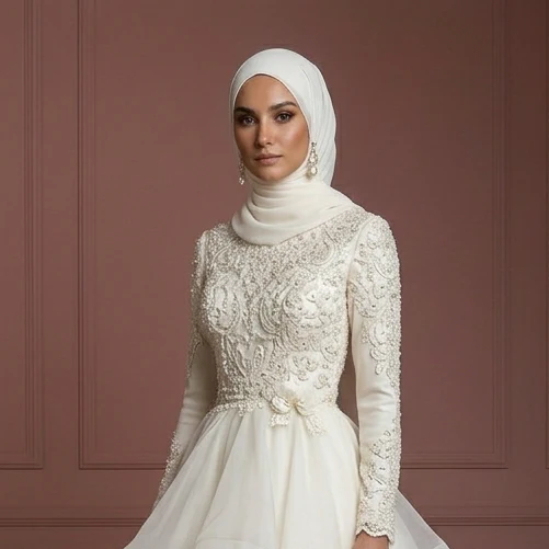 Ivory Organza Layered Wedding Dress with Hijab – Ideal for Nikah Ceremony Muslim - Image 4