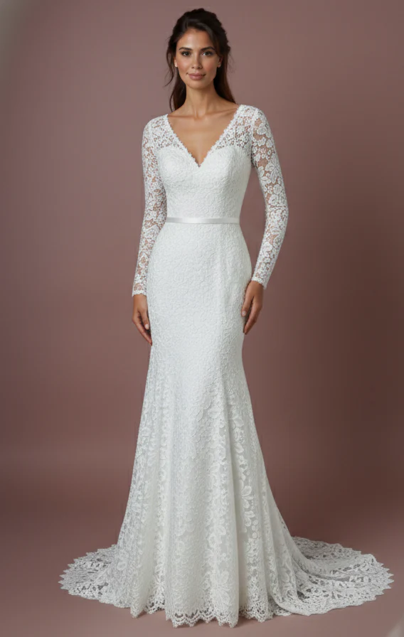 Sheer Sleeve Wedding Dress Classic Long Lace Overlay Fashion - Image 2