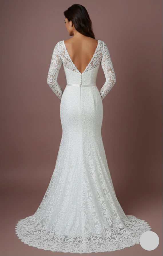 Sheer Sleeve Wedding Dress Classic Long Lace Overlay Fashion - Image 3
