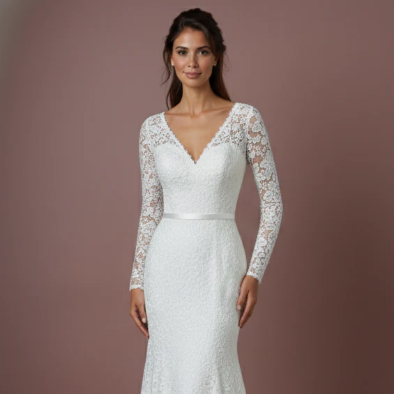 Sheer Sleeve Wedding Dress Classic Long Lace Overlay Fashion - Image 4