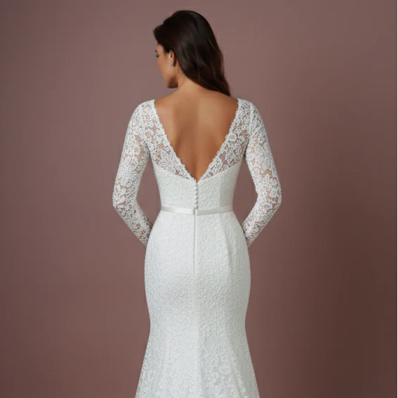 Sheer Sleeve Wedding Dress Classic Long Lace Overlay Fashion - Image 5