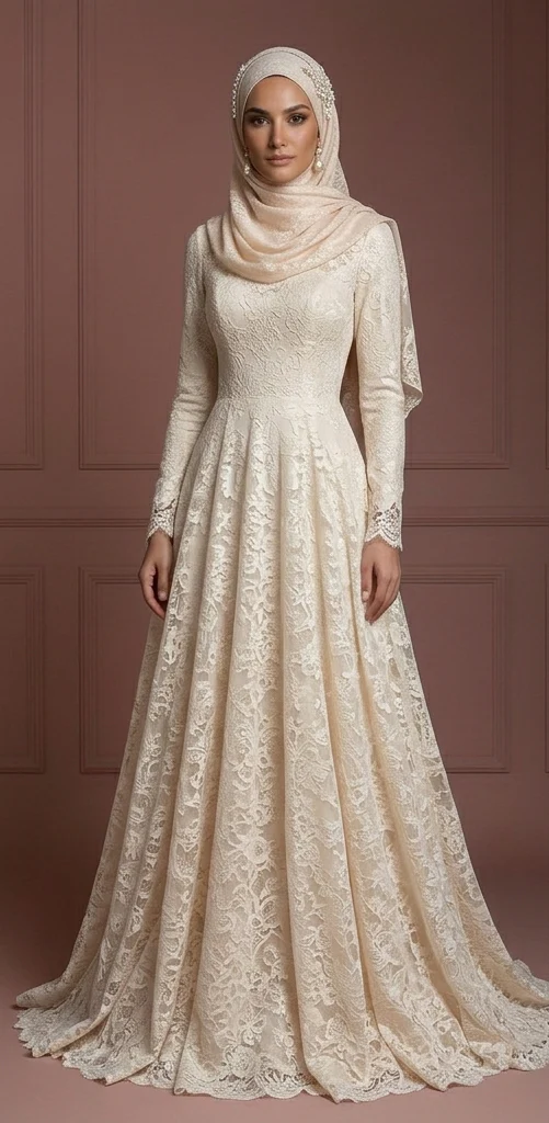 Lace A-Line Muslim Wedding Dress – Soft Champagne Hijab Bridal Look - Image 2