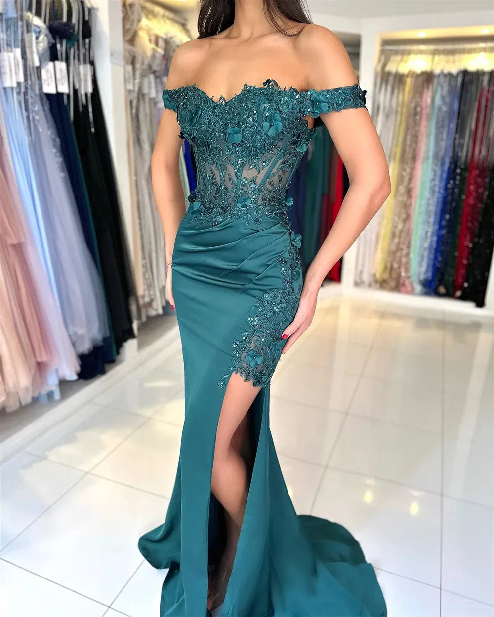 Lace Appliques Satin Prom Dresses Off the Shoulder vestidos de noche Elegant Sleeveless Sexy Side Split Formal Evening - Image 4