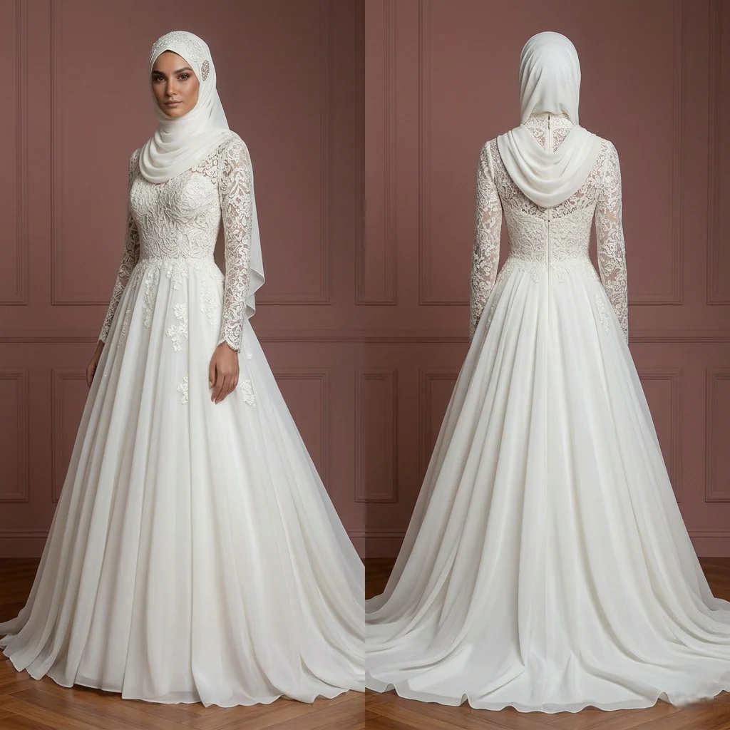 Lace & Chiffon Ball Gown – Ivory Modest Muslim Wedding Dress
