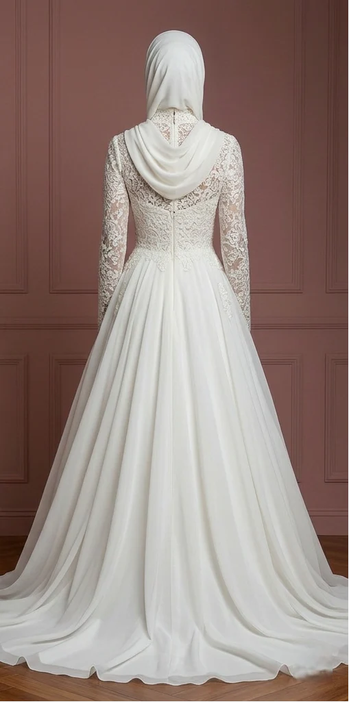 Lace & Chiffon Ball Gown – Ivory Modest Muslim Wedding Dress - Image 3