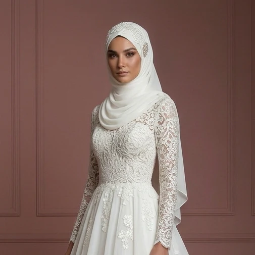 Lace & Chiffon Ball Gown – Ivory Modest Muslim Wedding Dress - Image 4