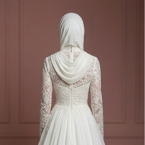 Lace & Chiffon Ball Gown – Ivory Modest Muslim Wedding Dress - Image 5