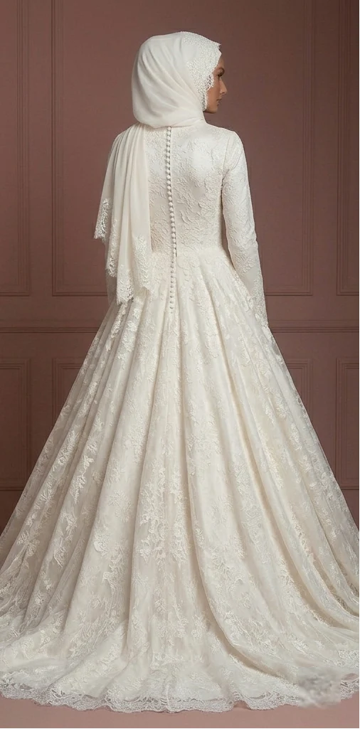 Lace Flowing Ball Gown – Soft Ivory Hijab Bridal Style Wedding Dress Muslim - Image 3