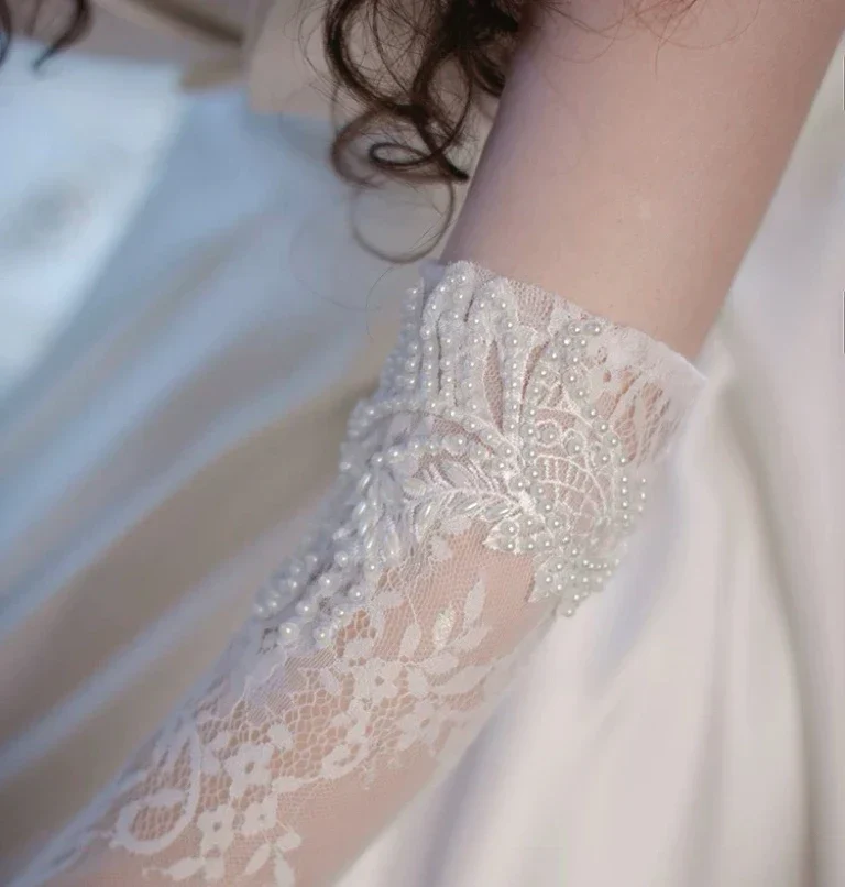 Lace Long Bridal Gloves Flower Wristband Pearl Wedding Glove For Women Girl Party Evening Dress Jewelry Brides Accessories - Image 2