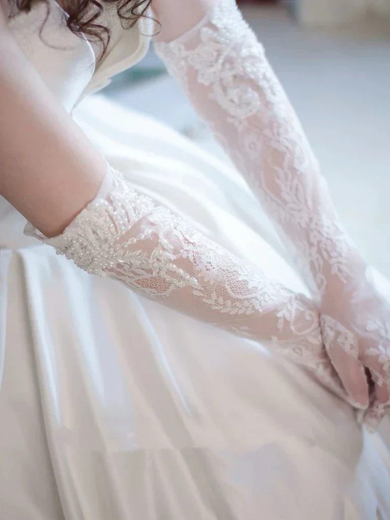 Lace Long Bridal Gloves Flower Wristband Pearl Wedding Glove For Women Girl Party Evening Dress Jewelry Brides Accessories - Image 3