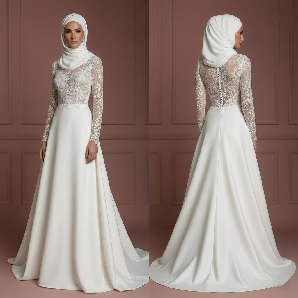 Lace Long Sleeve Bridal Dress – Soft White Muslim Wedding Dress