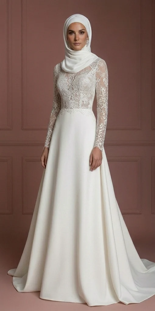Lace Long Sleeve Bridal Dress – Soft White Muslim Wedding Dress - Image 2