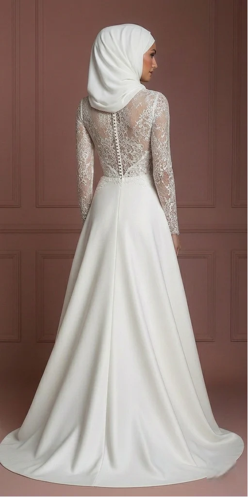 Lace Long Sleeve Bridal Dress – Soft White Muslim Wedding Dress - Image 3