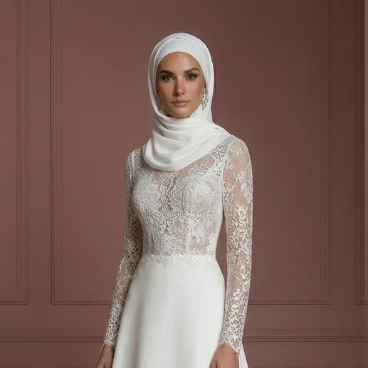 Lace Long Sleeve Bridal Dress – Soft White Muslim Wedding Dress - Image 4