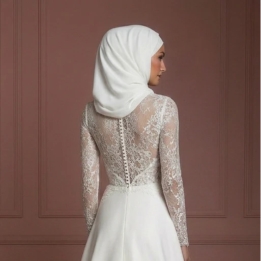Lace Long Sleeve Bridal Dress – Soft White Muslim Wedding Dress - Image 5