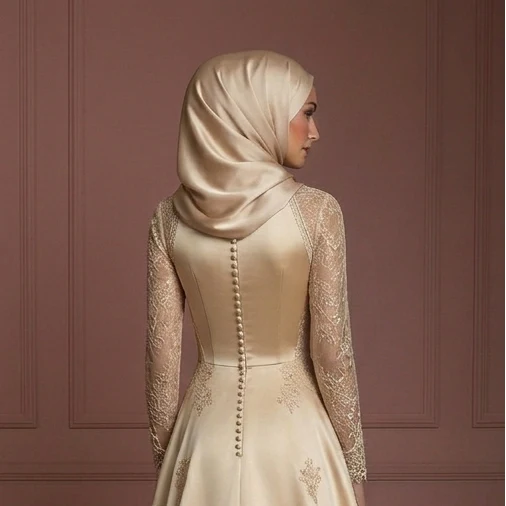 Lace Long Sleeve Wedding Dress – Champagne Elegant Muslim - Image 5