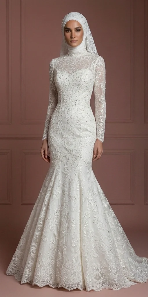 Lace Mermaid Nikah Wedding Dress – Pearl White Elegant Bridal Hijab Outfit Muslim - Image 2