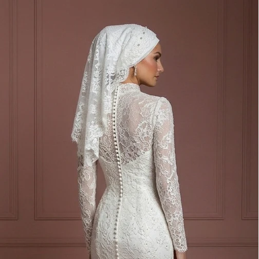 Lace Mermaid Nikah Wedding Dress – Pearl White Elegant Bridal Hijab Outfit Muslim - Image 5
