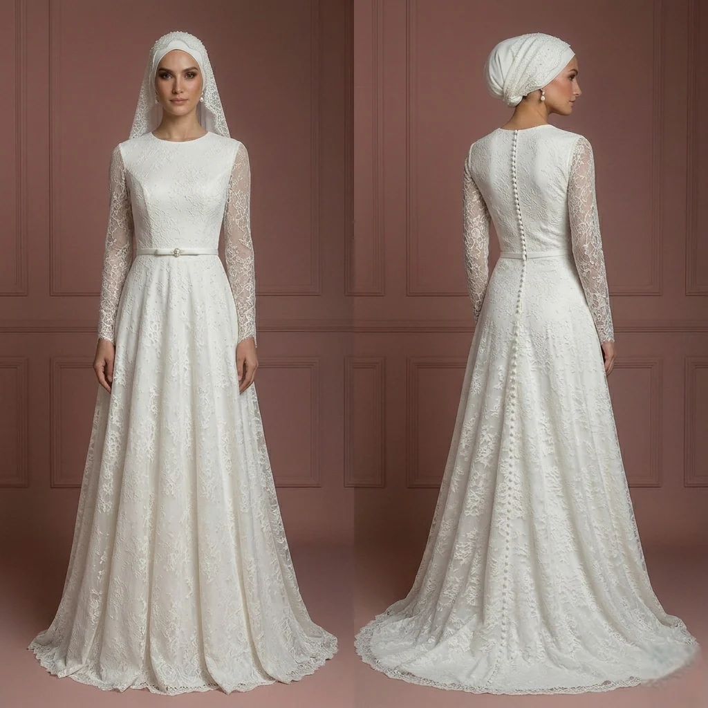 Lace Minimalist Nikah Wedding Dress – Ivory Elegant Hijab Style Muslim