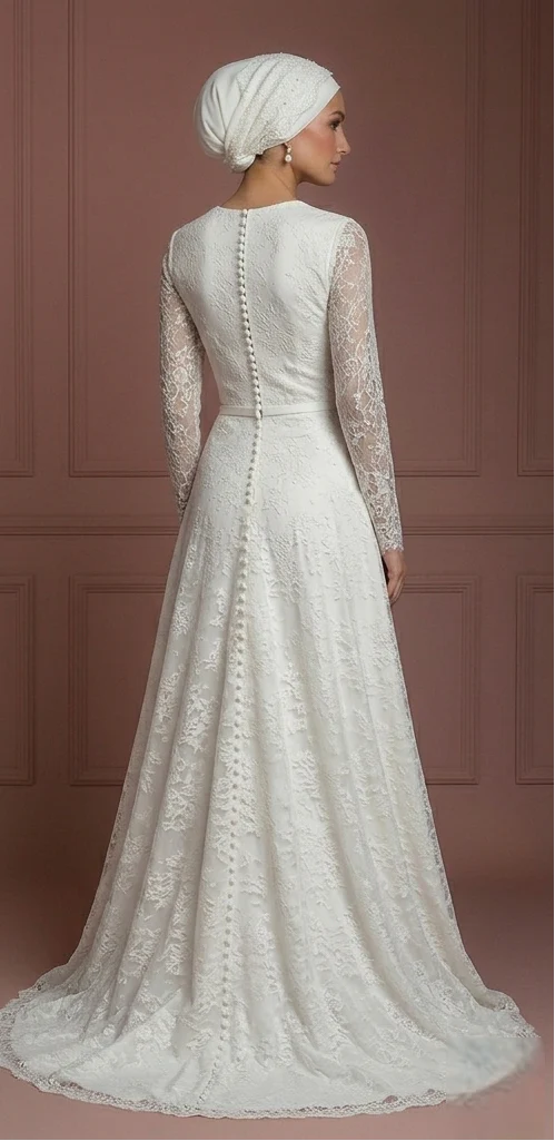 Lace Minimalist Nikah Wedding Dress – Ivory Elegant Hijab Style Muslim - Image 3