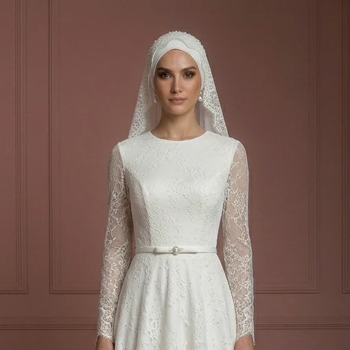 Lace Minimalist Nikah Wedding Dress – Ivory Elegant Hijab Style Muslim - Image 4