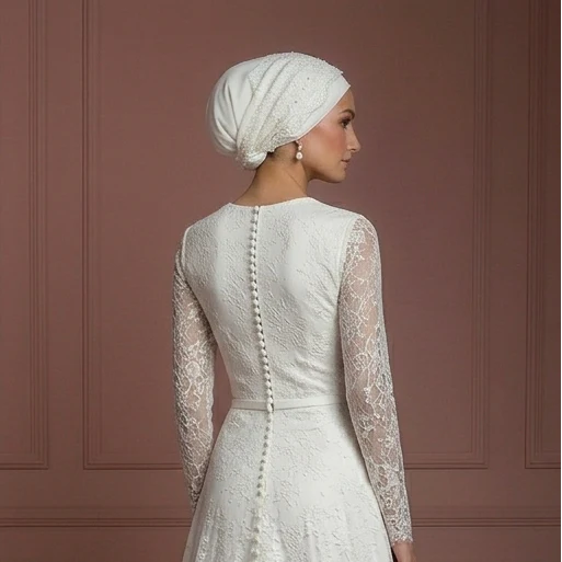 Lace Minimalist Nikah Wedding Dress – Ivory Elegant Hijab Style Muslim - Image 5