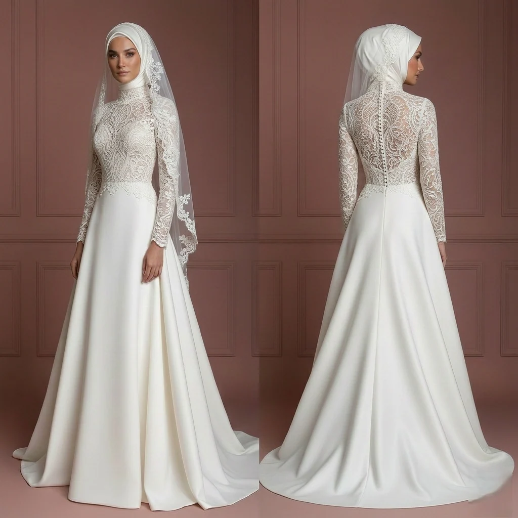Lace & Satin Ball Gown – Ivory Elegant Muslim Wedding Dress