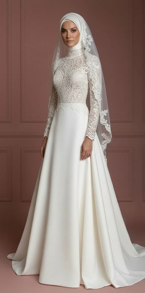 Lace & Satin Ball Gown – Ivory Elegant Muslim Wedding Dress - Image 2