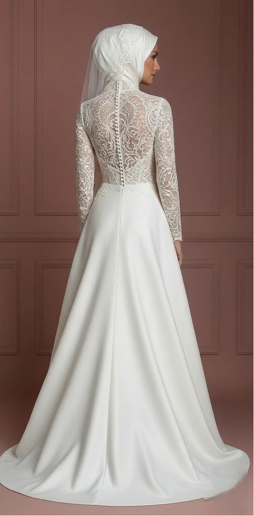 Lace & Satin Ball Gown – Ivory Elegant Muslim Wedding Dress - Image 3