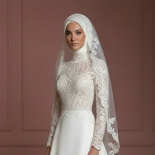 Lace & Satin Ball Gown – Ivory Elegant Muslim Wedding Dress - Image 4