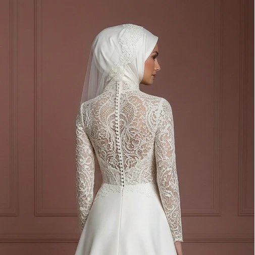 Lace & Satin Ball Gown – Ivory Elegant Muslim Wedding Dress - Image 5