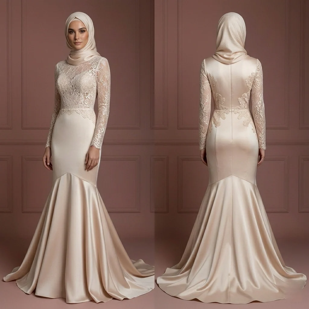 Lace & Satin Mermaid Wedding Dress – Soft Champagne Hijab Outfit Muslim