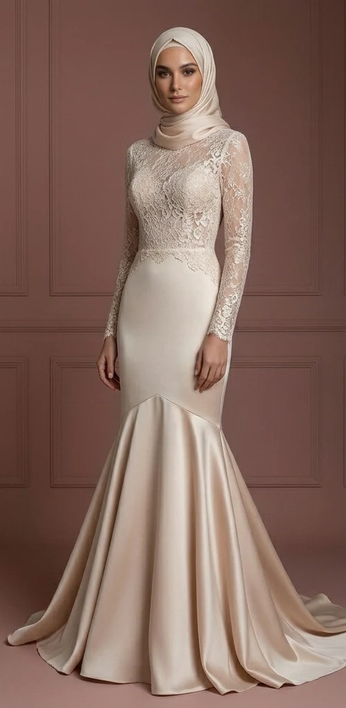 Lace & Satin Mermaid Wedding Dress – Soft Champagne Hijab Outfit Muslim - Image 2