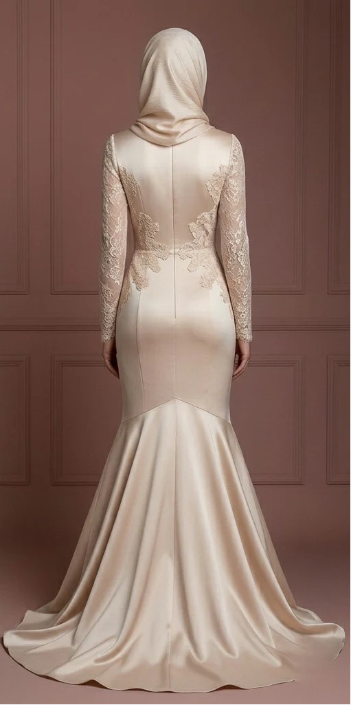Lace & Satin Mermaid Wedding Dress – Soft Champagne Hijab Outfit Muslim - Image 3