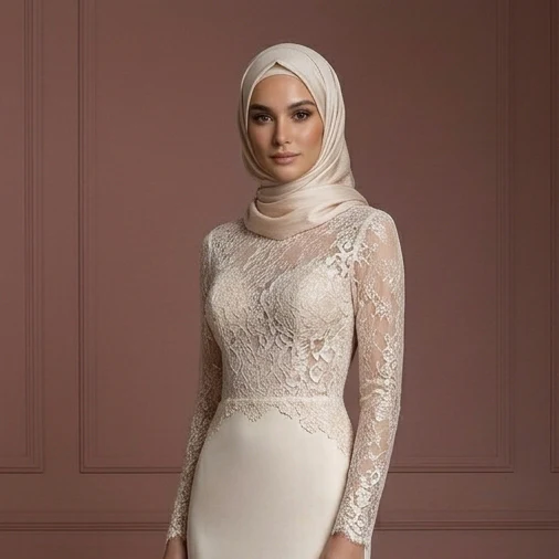 Lace & Satin Mermaid Wedding Dress – Soft Champagne Hijab Outfit Muslim - Image 4
