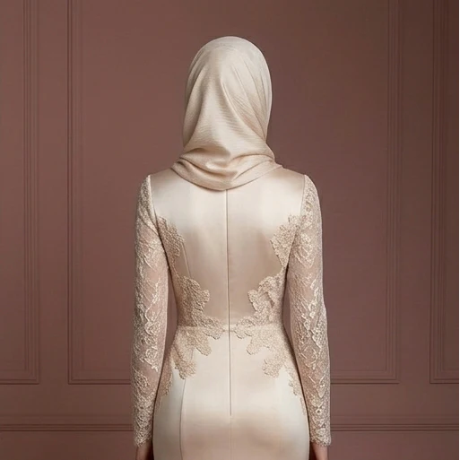 Lace & Satin Mermaid Wedding Dress – Soft Champagne Hijab Outfit Muslim - Image 5