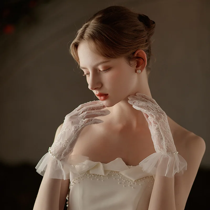 Lace Short Imitation Pearls Bridal Gloves Wristband Wedding Glove For Women Girl Party Evening Dress Jewelry Brides Accessories - Image 2