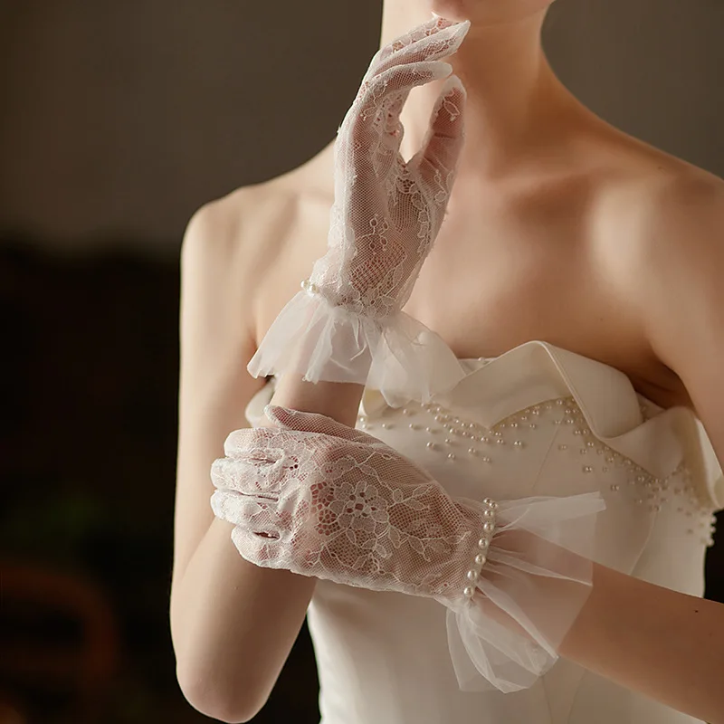 Lace Short Imitation Pearls Bridal Gloves Wristband Wedding Glove For Women Girl Party Evening Dress Jewelry Brides Accessories - Image 3