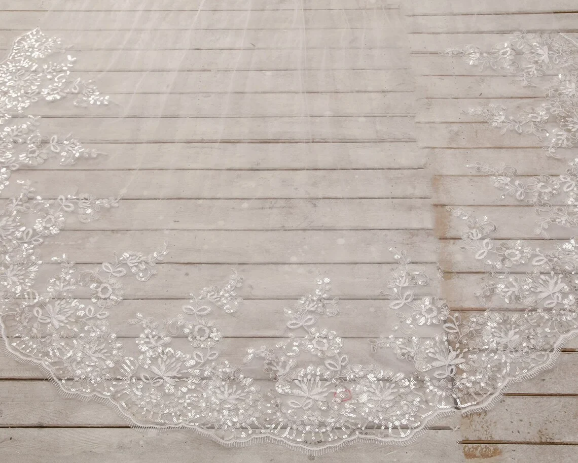 Lace with Sequins in White , off-White , Ivory  Wedding Veil Cathedral Length Bridal Veil - Image 4